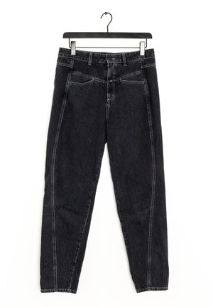 Jeans di denim neri con una vestibilità ampia, quattro tasche e zip. Caratterizzati da cuciture a contrasto sulle cuciture laterali e un design a gamba dritta.