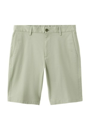 Lysegrønne knælange shorts med bæltestropper, knaplukning foran og sidelommer, vist på hvid baggrund.