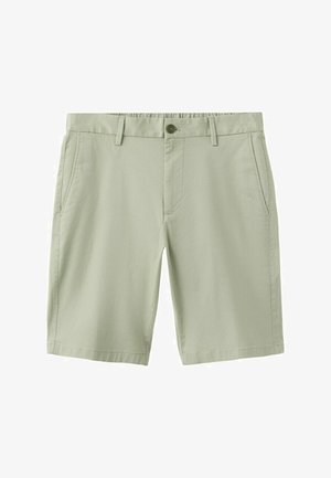 Lysegrønne knælange shorts med bæltestropper, knaplukning foran og sidelommer, vist på hvid baggrund.