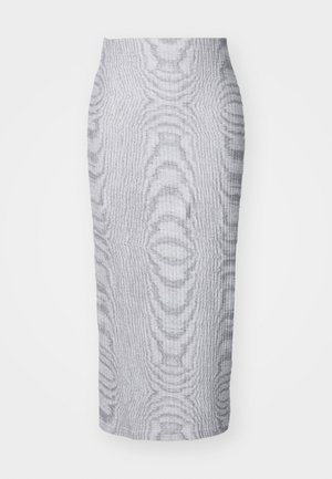 Gray ribbed midi skirt with a fitted silhouette, featuring a textured pattern throughout and a solid waistband for comfort.