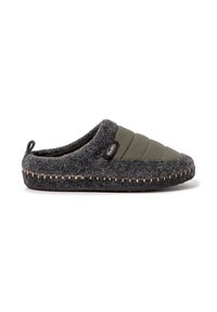 Zapatilla de lana gris con acento acolchado en verde oliva. Presenta un interior acogedor, suela de goma y costura decorativa a lo largo del borde.