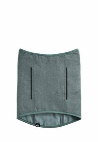 Gray, stretchy neck gaiter with a smooth texture, featuring two black vertical stripes and a rounded bottom edge with a patterned inner lining.
