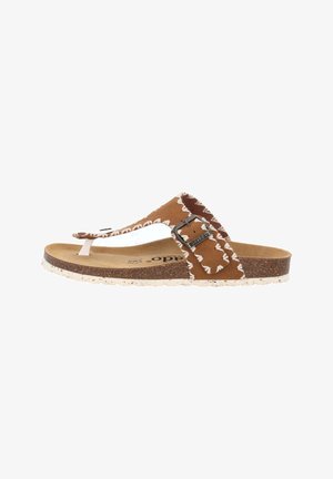 Brown flip-flop sandal with a suede upper, white stitching accents, and a cork footbed. Features a silver metal buckle on a strap.