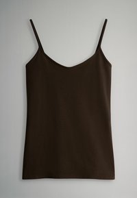 Braunes ärmelloses Camisole mit V-Ausschnitt, aus glattem Stoff gefertigt, mit dünnen verstellbaren Trägern und geradem Saum.
