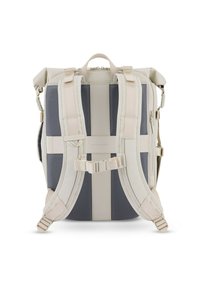 Batoh s šedým a krémovým designem, vybavený nastavitelnými popruhy, pevným uchem a výraznými vodorovnými pruhy.