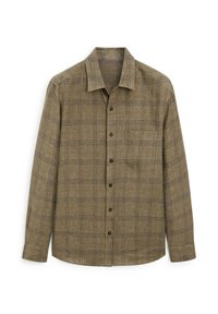 Braun karierte Button-Up-Hemd aus strukturierter Stoff, mit einem spitzen Kragen, langen Ärmeln und einer einzelnen Brusttasche.