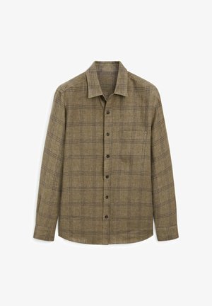 Brown plaid button-up shirt made of textured fabric, featuring a pointed collar, long sleeves, and a single chest pocket.