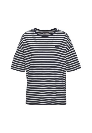Navy and white striped short-sleeve t-shirt with a crew neck and a small chest pocket. Made of soft fabric with a relaxed fit.