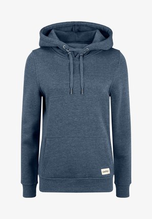 Granatowa bluza z kapturem, wykonana z miękkiego materiału, z przednią kieszenią, sznurkami do regulacji i etykietą na dole po lewej stronie. Przytulny, codzienny design.