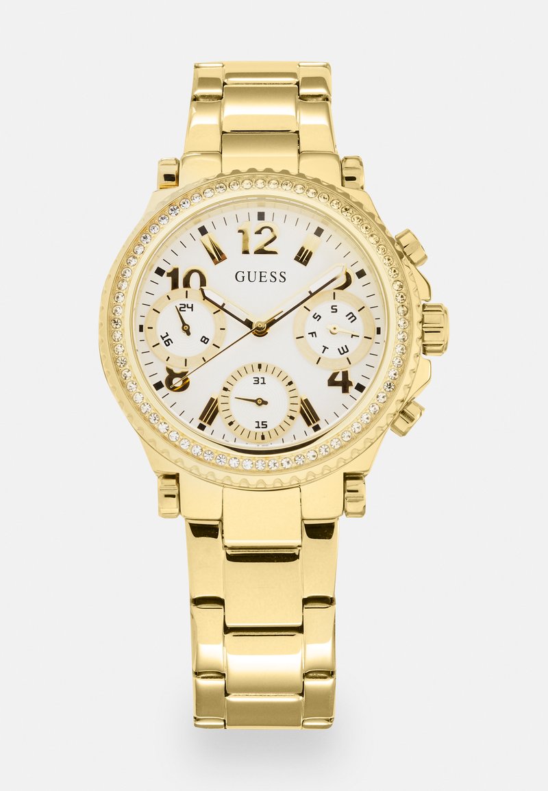 Gold-tone chronograph watch with a white dial, three sub-dials, gold hour markers, and crystal accents around the bezel. Metal bracelet.