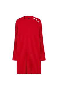 Robe rouge à côtes avec manches longues, encolure ronde et trois boutons décoratifs sur l'épaule gauche. Tissu doux et texturé.