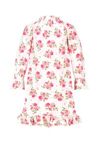 Floral dress in white fabric with pink roses. Features long sleeves, a ruffled hem, and a gathered neckline for a loose fit.