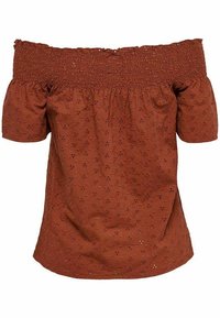 Brun off-the-shoulder top med smocket halsudskæring, korte puffærmer, stof med blomstermotiver, tekstureret finish og afslappet pasform.