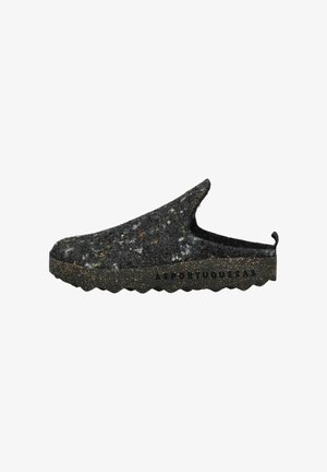 Dunkelgrauer Slipper-Clog mit mehrfarbigen Sprenkeln, strukturierter Sohle und "ASPORTUGUESAS"-Markenaufdruck an der Seite.