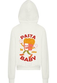 Felpa bianca con cappuccio che presenta un personaggio di pasta in un riquadro rosso, con il testo "PASTA la vista BABY" e pantaloni verdi. Taglio regolare e tessuto strutturato.