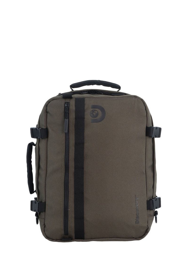 Zaino verde oliva realizzato in tessuto resistente, con una tasca frontale con cerniera, fibbie laterali e una maniglia superiore per un facile trasporto.