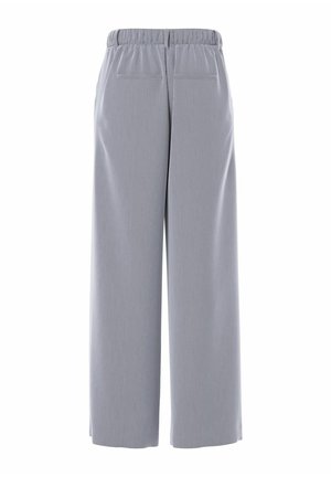 Pantalones de pierna ancha gris con cintura elástica, que cuentan con dos bolsillos traseros y una tela suave y texturizada.