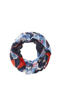 Écharpe circulaire légère avec un motif abstrait en bleu, rouge, blanc et brun, présentée torsadée en boucle sur fond blanc.