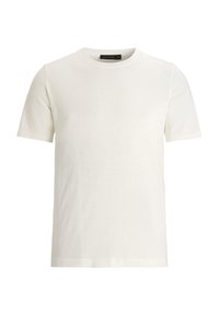 T-shirt bianca a maniche corte, realizzata in tessuto di cotone liscio, con colletto rotondo e dettagli di cucitura minimi. Assente qualsiasi motivo o accento.