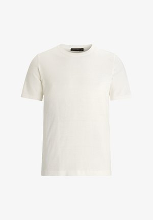 T-shirt blanc à manches courtes, en tissu de coton lisse, avec un col rond et des détails de couture minimalistes. Aucun motif ni accent présent.