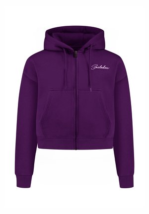 Paarse ritshoodie met een voorzak, een capuchon met een koord en geribbelde manchetten en zoom. Bevat een klein wit logo op de linkerkant van de borst.