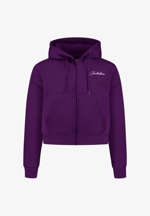 Lila Zip-Hoodie mit einer Fronttasche, Kapuze mit Zugband und gerippten Bündchen und Saum. Besitzt ein kleines weißes Logo auf der linken Brust.