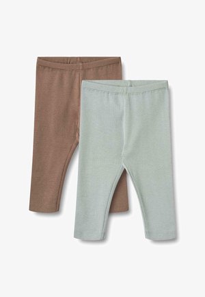 To sæt ribbestrikkede babyleggings, ét i lys grå og ét i brun, ligger fladt med elastiske taljer synlige.