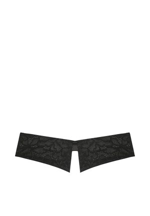 Colletto staccabile in pizzo nero con motivo floreale, parte frontale aperta e bordi leggermente curvi su sfondo bianco.