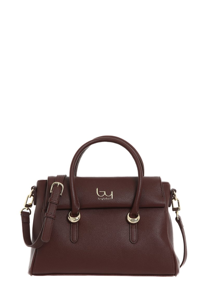 Borsa a tracolla in pelle marrone con due manici superiori, una tracolla staccabile e dettagli in metallo dorato. Design semplice con una superficie texturizzata.