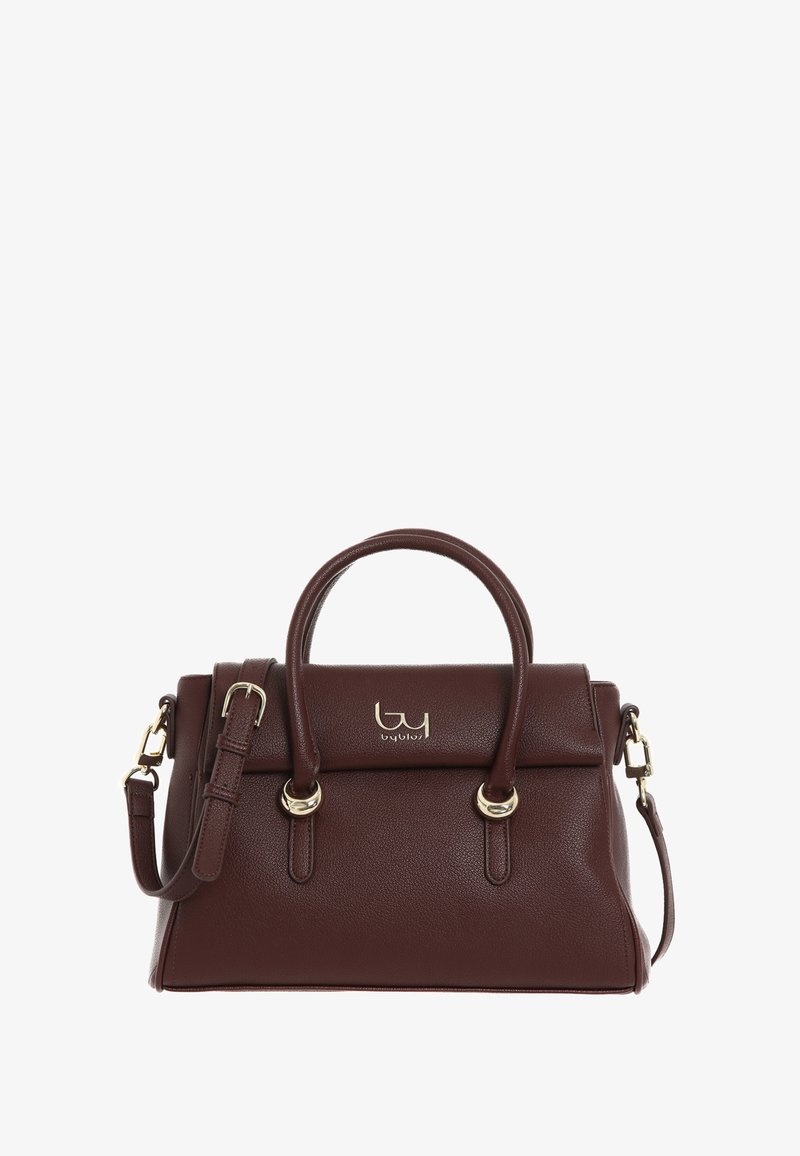 Borsa a tracolla in pelle marrone con due manici superiori, una tracolla staccabile e dettagli in metallo dorato. Design semplice con una superficie texturizzata.