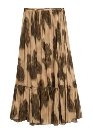 Długa, plisowana spódnica z beżowej tkaniny z czarnym, abstrakcyjnym wzorem paisley, z falbaną u dołu i elastycznym paskiem dla efektu marszczenia.