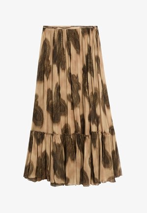 Langer, plissierter Rock aus beigem Stoff mit einem schwarzen abstrakten Paisley-Muster, ausgestattet mit einem gerafften Saum und einem elastischen Bund für einen gerafften Look.