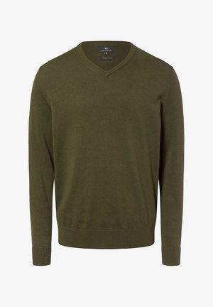 Olivgrüner V-Ausschnitt-Pullover aus Bio-Baumwolle mit glatter Textur, gerippten Bündchen und taillierter Passform.