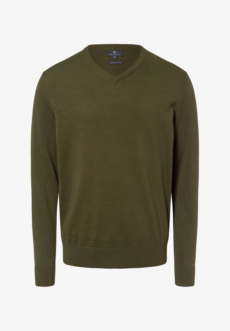 Olive green v-neck sweater made of organic cotton, featuring a smooth texture, ribbed cuffs, and a fitted design.