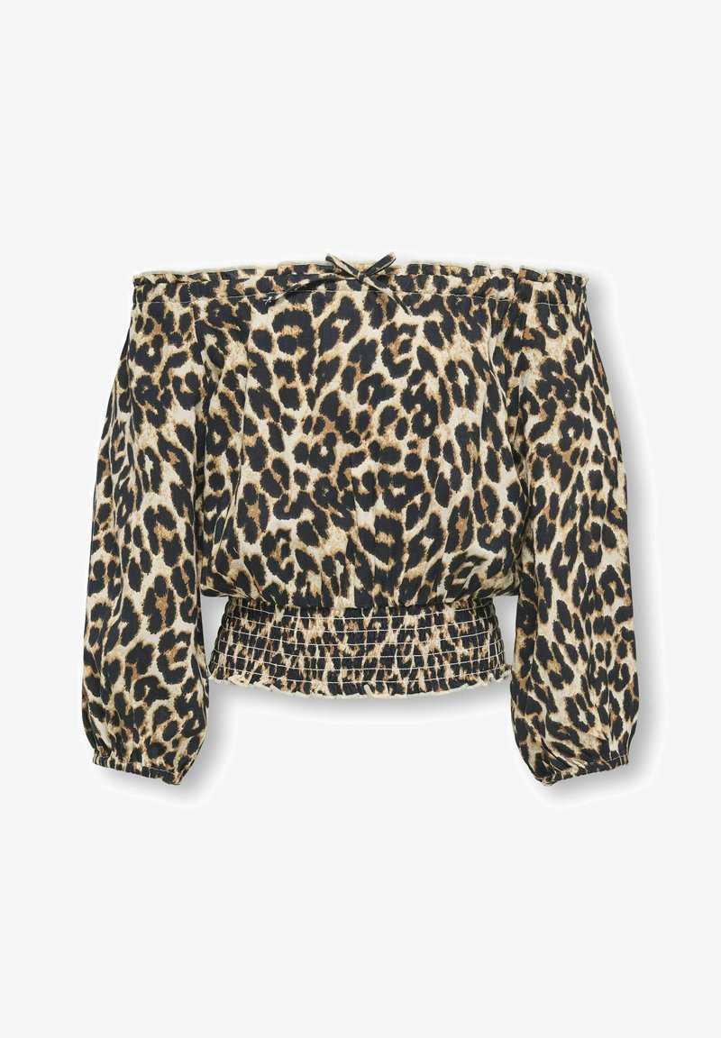 Leopardprint off-shoulder blouse met lange pofmouwen. Gemaakt van lichtgewicht stof, met een smockrand voor een aansluitende look.