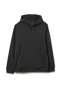 Felpa con cappuccio grigio scuro, dotata di tasca a marsupio e tasca laterale con zip. Tessuto morbido, maniche raglan e cappuccio regolabile con cordino.