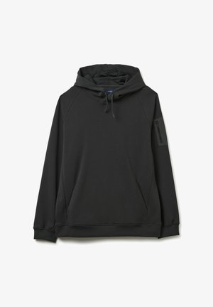 Donkergrijze hoodie met een kangoeroezak en een zijzak met rits. Zachte stof, raglanmouwen en een verstelbare trekkoordcapuchon.