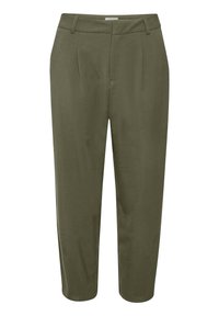 Pantalons vert olive en matériau lisse, avec une coupe ajustée, deux plis à l'avant et une taille mi-haute.