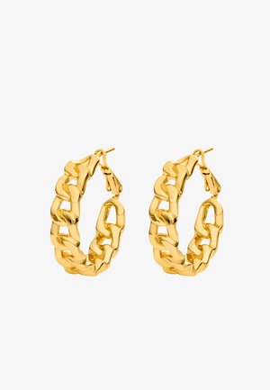 Orecchini a cerchio dorati con design a catena spessa, finitura lucida e chiusura a molla per un fissaggio sicuro.