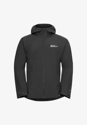 Black waterproof jacket with a hood, full zip front, elastic cuffs, and a small logo on the left chest. Smooth, matte texture.