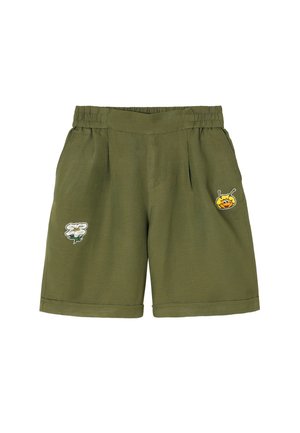 Olivově zelené šortky vyrobené z lehkého materiálu, s elastickým pasem, bočními kapsami a vyšitými vzory květiny a šneka.