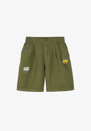 Olivově zelené šortky vyrobené z lehkého materiálu, s elastickým pasem, bočními kapsami a vyšitými vzory květiny a šneka.