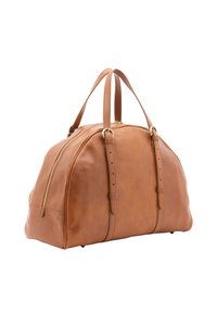 Borsa da viaggio in pelle color tan con forma arrotondata, due manici corti, hardware dorato e chiusura con zip. Texture liscia con cuciture minime.