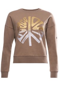 Sudadera marrón con cuello redondo, puños y dobladillo acanalados. Presenta un gran diseño gráfico en dorado y plateado en la parte frontal.
