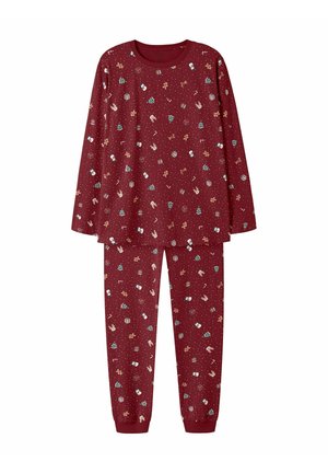 Conjunto burdeos de camiseta de manga larga y pantalones con pequeños estampados temáticos navideños que incluyen árboles de Navidad, regalos, muñecos de nieve, pan de jengibre y bastones de caramelo.