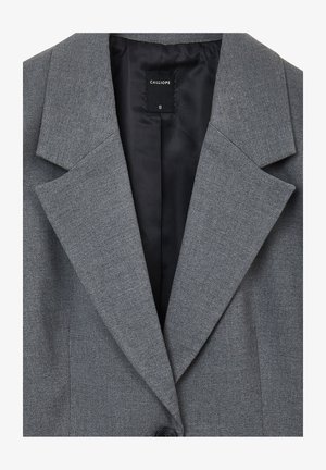 Grauer Blazer mit strukturierter Oberfläche, Reverskragen und einem einzelnen schwarzen Knopfverschluss. Mit glatter schwarzer Innenauskleidung. Größe S.