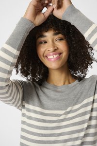 Pull rayé gris avec des rayures crème, doté de manches longues et d'un col rond. Le tissu semble doux et texturé.