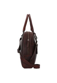 Braune Lederhandtasche mit seitlicher Reißverschlusstasche, verstellbarem Schultergurt und glatter Textur mit eleganten Linien und runder Form.