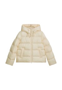 Cremefarbene Pufferjacke mit Kapuze, ausgestattet mit einem Reißverschluss auf der Vorderseite, seitlichen Taschen und einem gesteppte Design in boxy Silhouette. Glattes, gepolstertes Material.