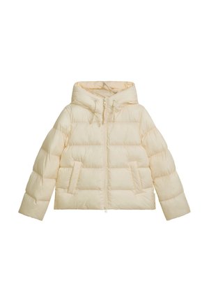 Kremowa puchowa kurtka z kapturem, z zamkiem błyskawicznym z przodu, bocznymi kieszeniami i pikowanym wzorem w formie pudełkowej. Gładki, wyściełany materiał.